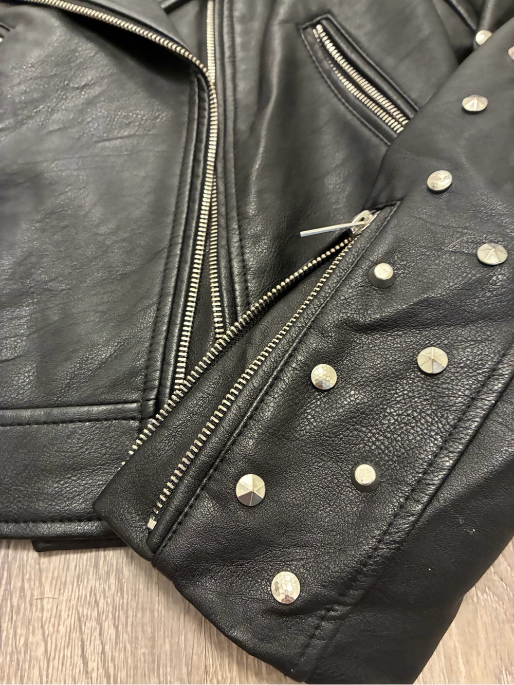 ZARA Studded Faux leather biker black jacket with skull decal women’s Medium - Picture 11 of 16